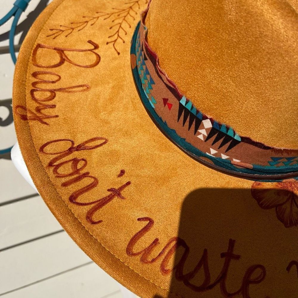 Hand Burned Hat | Wide Brim Hat | Branded Hat | wildflowers faux suede hat | Don - Picture 4 of 9